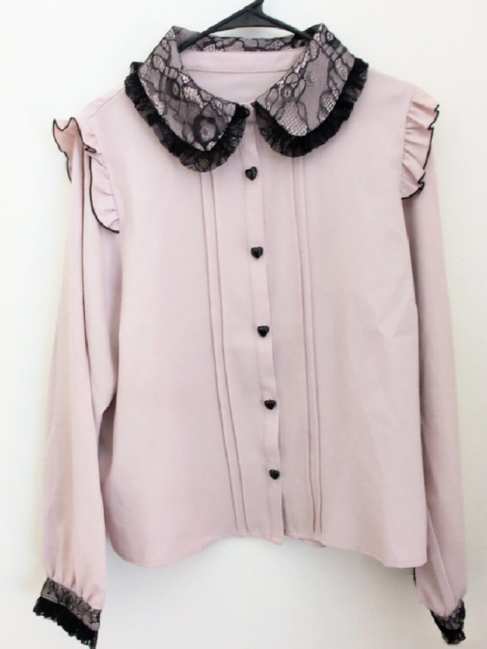 Pink Blouse Black Lace Shirt Mauve Button Up Long Sleeve Ruffle Jirai Kei 4XL